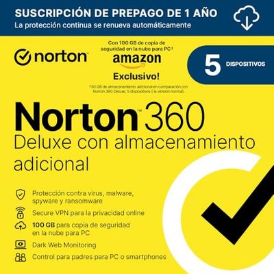 Norton 360 Deluxe Exclusivo Amazon*|Antivirus 5 Dispositivos|1 año con renovación automática| Descarga digital