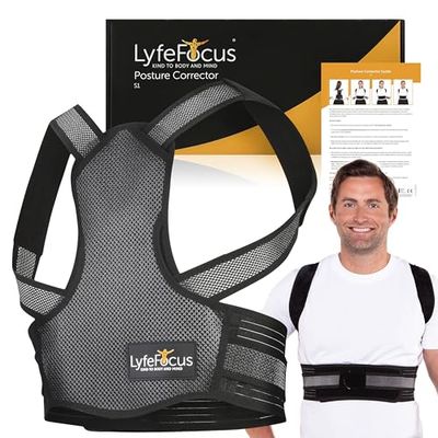 LyfeFocus S1 Premium Breathable Back Posture Corrector for Men & Women - Upper Back Support, Back Brace & Straightener - Effective Posture Correction for Neck, Shoulder & Back Pain (Black Medium)