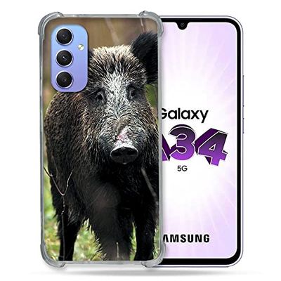 Cokitec Beschermhoes van gehard glas voor Samsung Galaxy A34 5G, jacht op wilde zwijn, hout