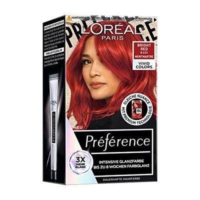 L'Oréal Paris Intensive Permanent Hair Colour, Up to 8 Weeks of Shiny Hair and Intense Colour, Préférence Vivid Colours, Colour: 8.624 Bright Red, Pack of 1