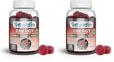 VITALDIN Energy Gummies – 70 Gominolas Energéticas con Ginseng, Guaraná, Cafeína & Taurina – Mejora la Concentración, Favorece el Rendimiento Físico y Mental – Sabor Cereza – Vegano (Paquete de 2)