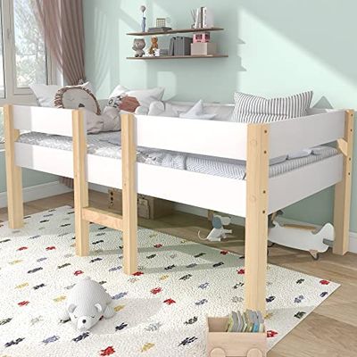 Merax Lit Simple en Bois - Lit Enfant - 90 x 190 cm - Bois Massif - Cadre de lit - Sommier à Lattes - Lit de Rangement - Lit en pin - Blanc et chêne