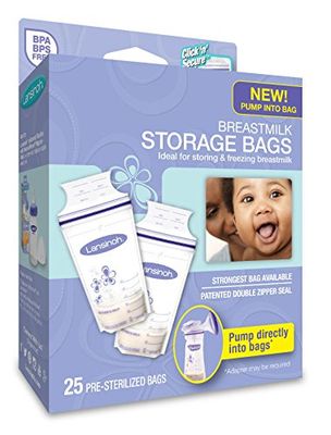 Lansinoh Breast Milk Storage Bags Breastmilk Pouches for fridge or freezer use, store flat or standing, BPA and BPS free, pre-sterilised, double zipper seal, Pack of 25, Packaging may vary