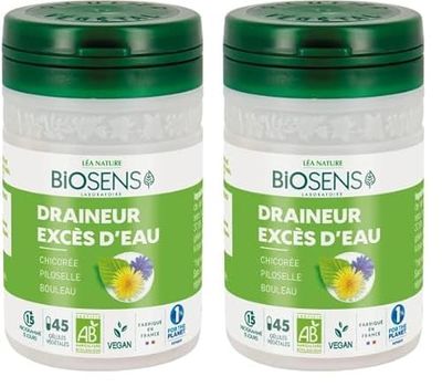 Biosens - Gélule végétale Draineur Excès d'eau - Chicorée, Piloselle et Bouleau - Certifié Bio AB Vegan - Fabriqué en France - Programme de 15 jours - 45 gélules (Lot de 2)