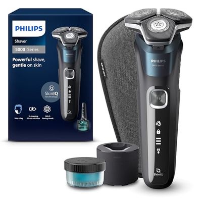 Philips Shaver Series 5000, rasoio elettrico Wet & Dry con tecnologia SkinIQ, rifinitore a scomparsa, custodia da viaggio, Quick Clean Pod, spazzolina per la pulizia, modello S5889/50