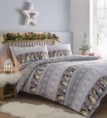 Simply Charlotte Penguins Parure de lit Double avec Housse de Couette de Noël Gris