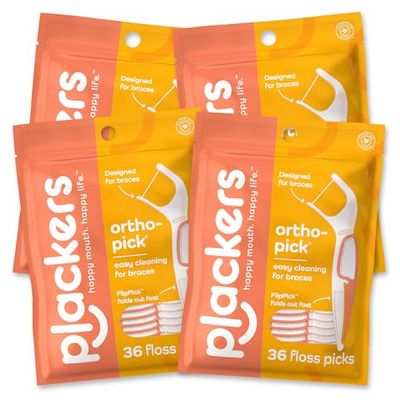 Plackers Orthopick Lot de 4 cure-dents doux et flexibles pour appareils dentaires, fabriqués avec du fil dentaire Super TufFloss, doux pour les appareils dentaires, orange, 144 pièces