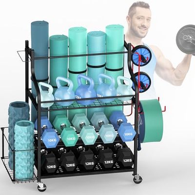 ZACHVO Stojak na hantle, wielofunkcyjny stojak na hantle do hantli, mata do jogi, rolka do masażu powięzi, hantle kettlebell i blok do jogi, regał do domowej siłowni, z 4 kółkami i 8 haczykami