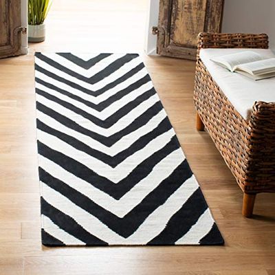 SAFAVIEH Tapis Contemporain Pour Salon, Salle à manger, Chambre à coucher - Dhurrie Collection, Tapis à poil court, Noir et Ivoire, 76 X 183 cm