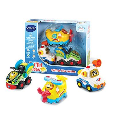 VTech - Tut Tut Bolides, Trio Fritidslåda, 3 interaktiva bilar, propellerflygplan, polisbil och fyrhjuling, musik- och ljudleksak, barngåva från 1 år till 5 år - innehåll på svenska