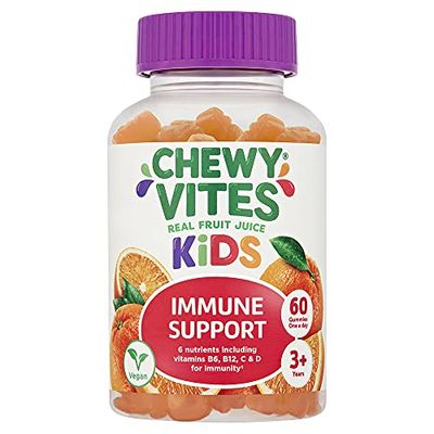 Chewy Vites Kids Immune Support, 60 Kids Vitamins Gummies, High Strength Vitamin D, Vit C, B6, B12, Zinc, Selenium, 2 Months Supply, Real Fruit Juice, Vegan, Age 3 +, Orange Flavour