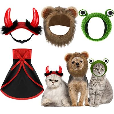 Xuniea 4 Pcs Costume d'halloween pour Animaux de Compagnie Costume de Crinière de Lion de Chat Cape de Vampire Chapeau de Diable Chapeau de Grenouille Tenues de Petits Chiens de Chat pour Fête