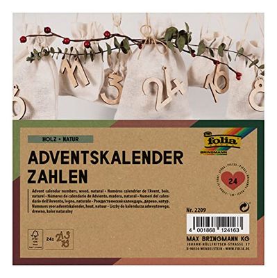 folia 2209 - adventskalender cijfers, naturel hout, 24 houten cijfers om op te hangen