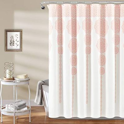 Lush Decor Stripe Medallion Shower Curtain-Fabric Mandala Bohemian Damask Print Design, Blue, Polyester, Blush, 72" W x 72" L (Pack of 1)