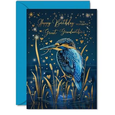 Beautiful Gold Birthday Cards for Great Grandmother - Wonderful Golden Kingfisher - Pretty Traditional Elegant Birthday Card for Grandmother from Great Grandchild, A5 Gran Gorgeous Greeting Cards Gift