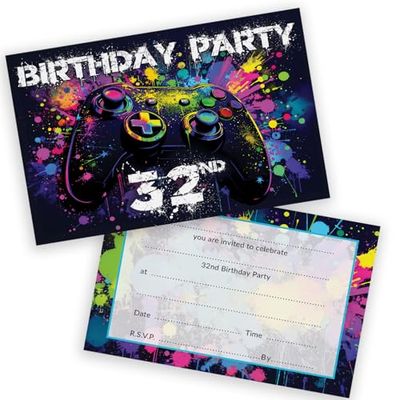 32nd Birthday Party Invitations Men Women - Video Gamer Gaming 28 Pack - Adults Birthday Invitations for Friends Family A6 Bday Party Invites Invitation Cards with Folding Envelopes