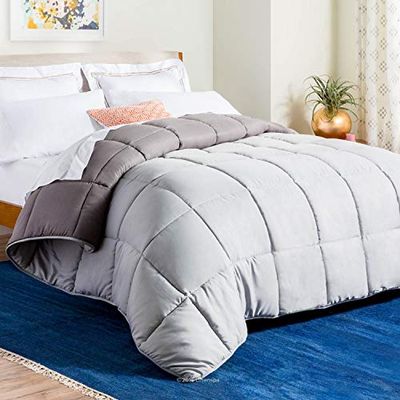 Linenspa All-Season Reversible Down Alternative Quilted Comforter - Corner Duvet Tabs - Hypoallergenic - Plush Microfiber Fill - Box Stitched - Machine Washable - Stone/Charcoal - Full