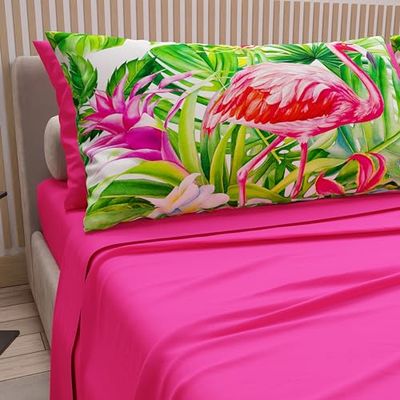 PETTI Artigiani Italiani - Draps en Coton avec taies d'oreiller en Impression numérique, draps Doubles, lit Double, Flamingo Fuchsia, 100% fabriqué en Italie