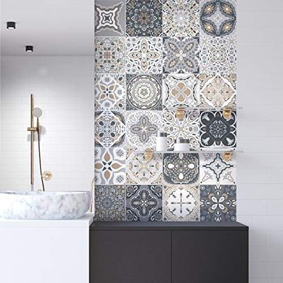 Stickers adhésifs carrelages | Sticker Autocollant Carreaux de Ciment - Mosaïque carrelage Mural Salle de Bain et Cuisine | Carreaux de Ciment adhésif Mural - azulejos 20 x 20 cm - 24 pièces