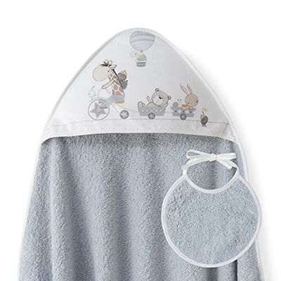 Interbaby - Capa de Baño Bebe Gris + Babero | Toalla Bebe con Capucha 100% Algodón, 100x100cm, Unisex | Suave, Cómoda, Ideal Recién Nacidos, Bebes y Niños Pequeños | Diseño Jirafa Bicicleta