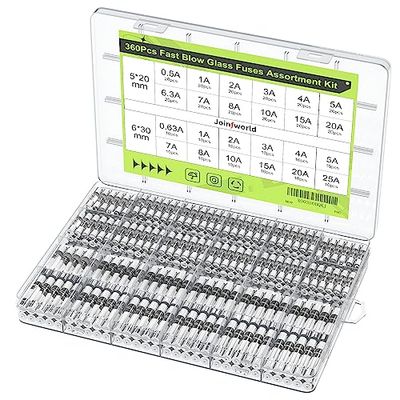 Joinfworld Lot de 360 fusibles en verre à soufflage rapide 24 valeurs Kit de fusibles automobiles 250 V 0,5 A 0,63 A 1 A 2 A 3 A 4 A 5 A 6,3 A 7 A 8 A 10 A 15 A 20 A 25 A 5 x 20 mm et 6 x 30 mm