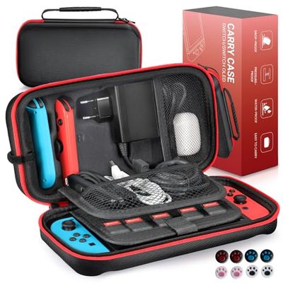 Euqvunn Custodia Compatibile con Nintendo Switch/OLED, Custodia Rigida Protettiva da Viaggio per Console e accessori per Nintendo Switch, Adatta per Joy-Con & Adattatore AC, con 8 Tappi per (Nero)