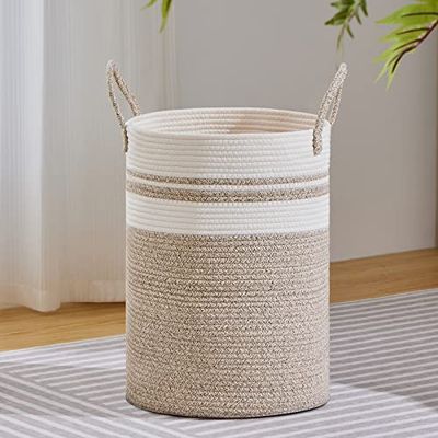 VIPOSCO Grand panier à linge, grand panier de rangement en corde tissée pour couverture, jouets, vêtements sales dans le salon, la salle de bain, la chambre à coucher – 58 L, marron et blanc