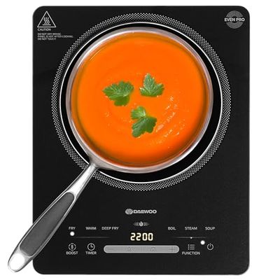 Daewoo Single Induction Hob, 2200W Portable Electric Cooktop with 6 Cooking Presets, Digital LED Touch Controls, 3-Hour Timer, Boost Function, for Steel & Cast Iron Cookware, Black