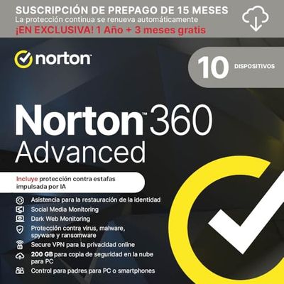 Norton 360 Advanced 2025 │ 10 Dispositivos │ 15 meses renovación automática │ Social Media, Dark Web Monitoring y VPN │ Código por email