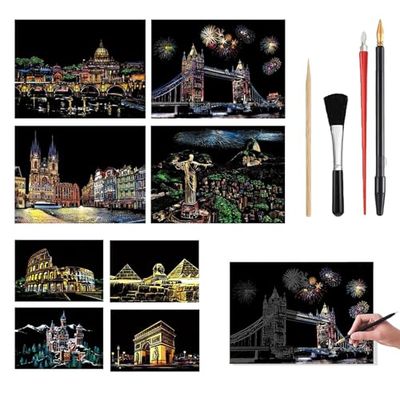 Tableau a Gratter Set Completo per Arte Creativa – 8 Carte da Grattare A4, 2 Pennini, 1 Pennello per Pulizia, 3 Pennini in Legno, Rainbow Art per Adulti e Bambini