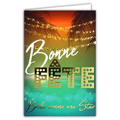 Afie 68-5001 Card with Envelope Bonne Fête Shines Like a Star Golden Garland Light in Shiny Gold Under the Palm Tree, Name Mom, Grandad, Grandpa, Saint Catherine Cécile Saint Nicholas Music