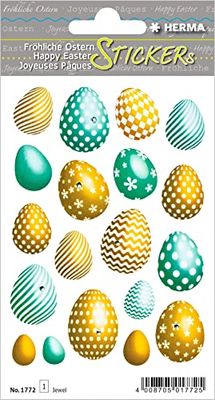 HERMA 1772 Stickers Easter Eggs Glitter Small, Pack of 19, Easter Stickers with Gold Green, Happy Easter Labels for Easter Gifts, Easter Decoration, Scrapbooking, Decoration, Gift, Letters, DIY Crafts