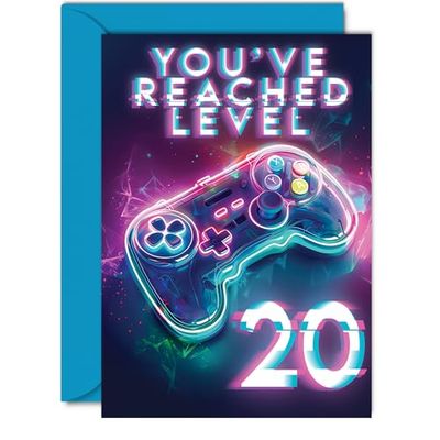 20th Gamer Birthday Cards for Men Women - You've Reached Level 20 - Happy 20 Birthday Card for Son Daughter Brother Sister Friend, 5x7 Inch Twenty Twentieth Bday Video Game Greeting Cards