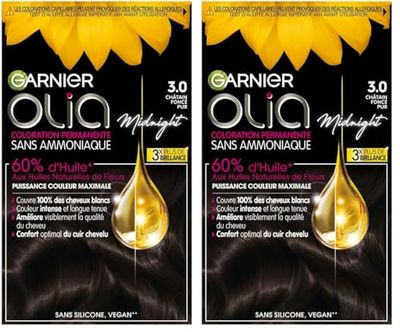 Garnier Coloration Permanente - Sans Ammoniaque - Aux Huiles Naturelles de Fleurs - Noir/Châtain Foncé Pur (3.0) - Olia (Lot de 2)