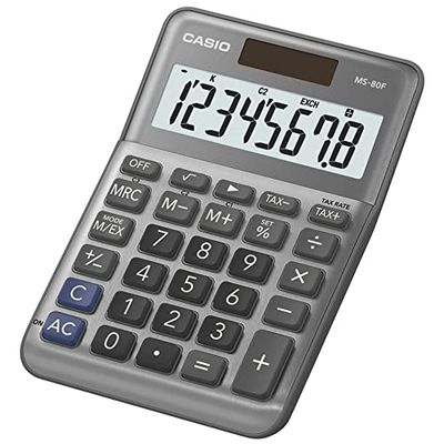 Casio Bordsräknare MS-80F, 8-siffriga, styrberäkning, kvadratrot, aluminiumfront, teckenbyte, solcell/batteridrift