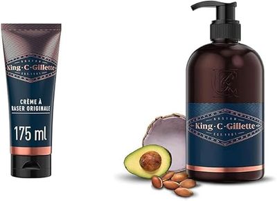 King C. Gillette Crema De Afeitar, Barrera Enriquecida Para Una Protección Extra, 175 ml + King C. Gillette Gel para Barba y Rostro con Agua de Coco, Aceite de Argán y Aceite de Aguacate, 350 ml