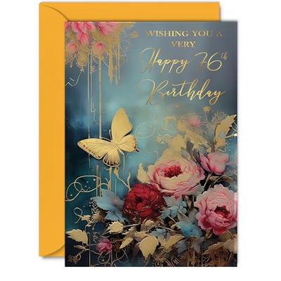 Beautiful Gold 76th Birthday Cards for Women Men - Wonderful Golden Butterfly - Elegant Traditional Pretty Birthday Card for 76 Year Old Woman Man Her Him, A5 Gorgeous Greeting Cards Gift