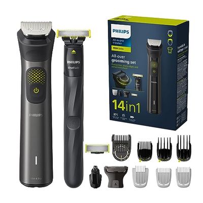 Philips Series 9000 14-in-1 Rifinitore + OneBlade, rifinitura precisa, bordi ben definiti, rasatura comoda, borsa da toilette di qualità, lama OneBlade extra (modello MG9550/15)