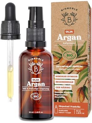 EKOLOGISK ARGANOLJA | 100% Ren, Naturlig & Kallpressad | Ansikte, Kropp, Hår, Skägg, Naglar | Vegan & Cruelty Free | Argan Oil | Glasflaska + Pipett + Pump (50ml)