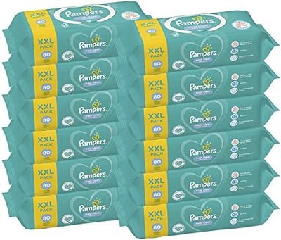 Pampers Fresh Clean Chusteczki Dla Niemowląt 960 Sztuk (12 x 80), Miesięczne Opakowanie, Delikatnie Oczyszczają Pupę, Dłonie i Twarz, Neutralny Zapach