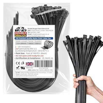 Double Dragon Lot de 100 attaches autobloquantes robustes en nylon PA66 de qualité industrielle pour la maison, le bureau, le garage et l'atelier Noir 300 x 7,6 mm