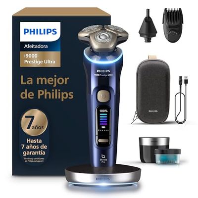 Philips i9000 Prestige Ultra, Afeitadora Eléctrica Hombre, Máquina de Afeitar Barba Seco y Mojado, SkinIQ Pro, Base de Carga, Recargable, Estuche, Centro de limpieza, Recortador, Naricero, XP9401/38