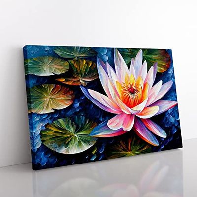 Painted Water Lily Flower Abstract Canvas Wall Art Print Ready to Hang, Framed Picture for Living Room Bedroom Home Office Décor, 60x40 cm (24x16 Inch)