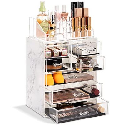 Sorbus Organizador Transparente de Maquillaje cosmético, Almacenamiento de Maquillaje y joyería, Estuche y exhibición, diseño Espacioso, Gran Soporte para tocador, tocador y encimera (4 cajones