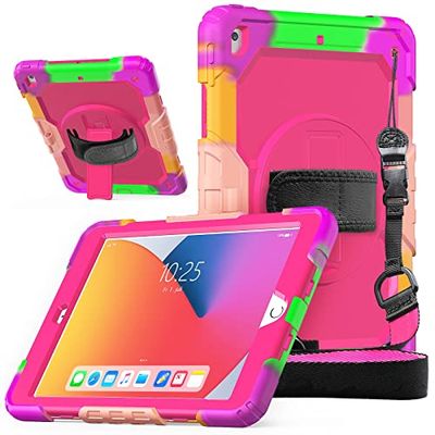 Dasaja iPad 10.2 (2019 & 2020 & 2021) Estuche con Protector de Pantalla, Correa de Mano y Correa de Hombro para niños y escuelas - Colorido Rosa