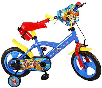 albri Kinderfiets Mickey 12 inch met zijdelingse stabilisatoren en drinkfles, rood en blauw, klein