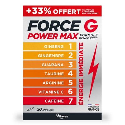 Vitavea - Force G Power Max Formule Renforcée - Booster Energie Immédiate 7 actifs - Ginseng, Gingembre, Guarana, Taurine, Arginine, Vitamine C, Caféine - 20 ampoules - 20 jours - Fabriqué en France