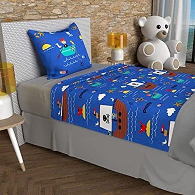 Soleil d'ocre, Parure de draps 180x290 cm Pirates Bleu, 100% Coton 57 Fils/cm2