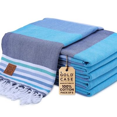 GOLD CASE HOME COLLECTION Olympos Turkish Beach Towel Set of 6-100% Cotton & Sand Free Towels for Vacation Essentials - XXL Pre Washed Quick Dry Travel Bath Towel - 70 x 38 Inches - Blue