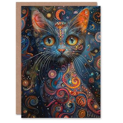 Artery8 Birthday Card Kaleidoscope Cat Galaxy Trippy Concept Art For Her Gran Sister Niece Daughter Wife Woman Greeting Card